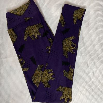 New Woman’s LuLaRoe Purple Black Gold Brown Bear Geo Pattern ?Leggings OS